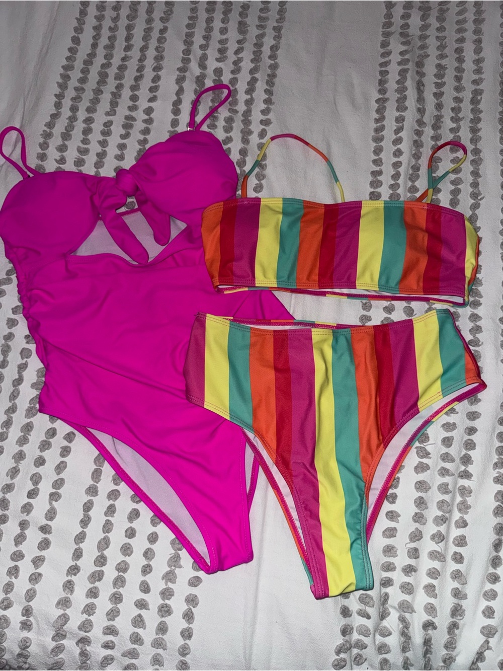 Bright Fuchsia One-Piece & Rainbow Stripe Bikini Set